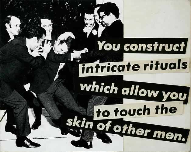 a black and white collage of men in evening dress. They are in a semi-circle around another man, whom they grasp and tug at. Everyone is smiling and full of joy. Overlaid are the words 'You consutrct intricate rituals which allow you to touch the skin of other men'